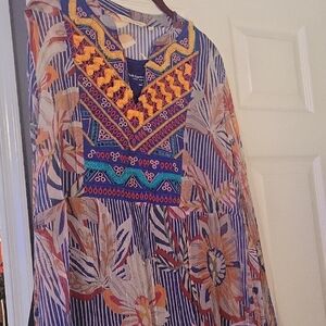 Soft Surroundings Embroidered Floral Boho Top with Royal Blue Tank